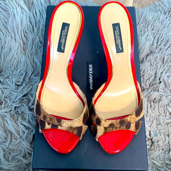 Dolce and Gabbana Red Patent Heel with Leopard Print Slides size 36.5 - Picture 1 of 9